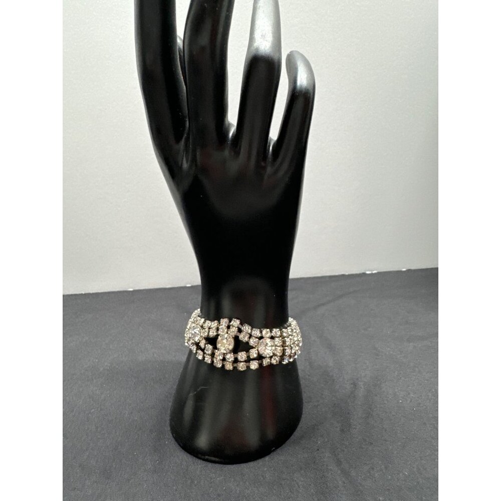 Vintage Rhinestone Bracelet With Silver-Tone Fold Over Clasp
